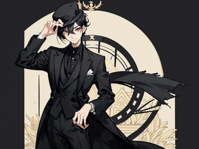 illustrate a  anime guy, with bangs and black hair and low taper fade,  with seductive eyes and a mischievous smile, wearing a formal all black suit and a black fedora hat. he has a chill personality and hot vibes