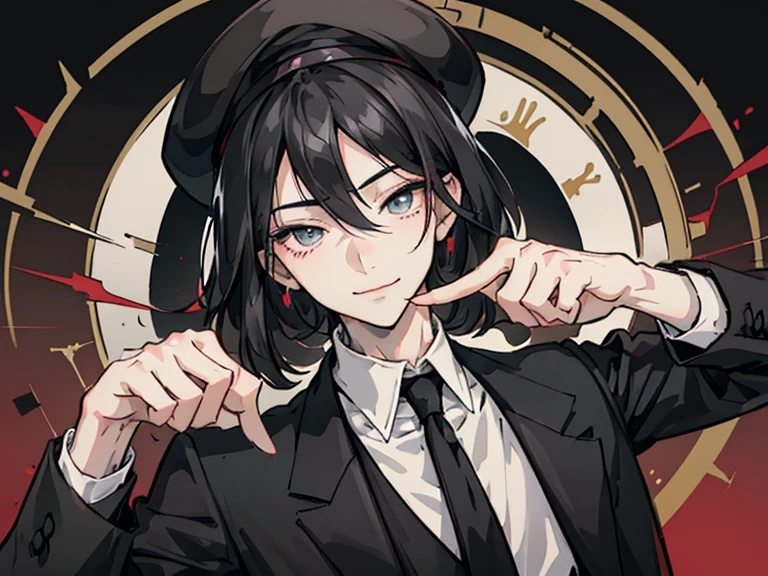 illustrate a anime guy, with bangs and black hair and low taper fade, with seductive eyes and a mischievous smile, wearing a formal all black suit and a black fedora hat. he has a chill personality and hot vibes