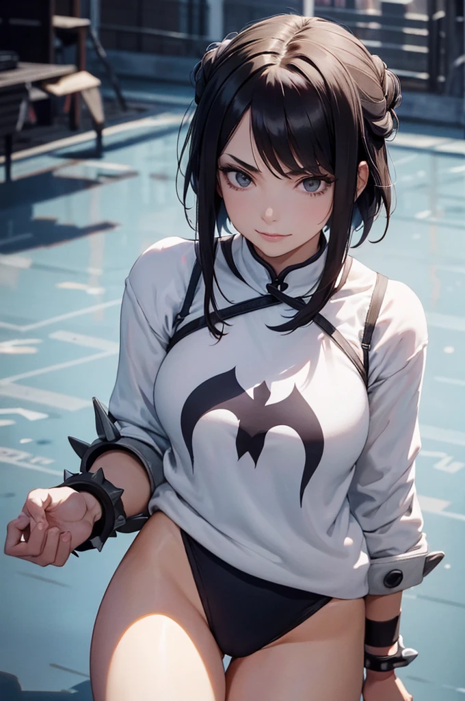 evil smile solo, masterpiece, best quality, agrias, grey sweater, black leotard, standing, looking at viewer, short hair,oculos,evil smile, evil look,luvas preta,roupa azul,yandere rosto,low lighting,coxa sarada copo detalhado,olhando para frente,short hair, franja, sombra nas franjas, franja nos olhos