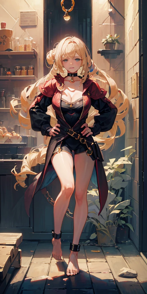 full body, barefoot, solo, female, big breast ,linen tunic, fantasy village, armor, handcuffs on their hands with a collar around the neck, hands on hips, slave ((black choker, shackles on legs and arms))