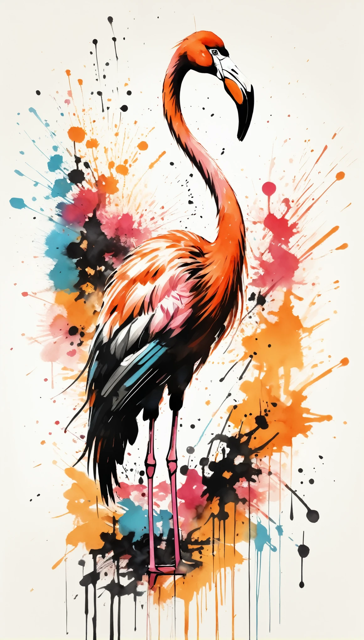 Vector Art, Colorful illustration with flamingo, In the center, Vibrant colors,Graffiti Art,ink splatter,Wild and unrestrained,rich and colorful,visual impact,Modern aesthetic super detailed, Intricate details:1.3