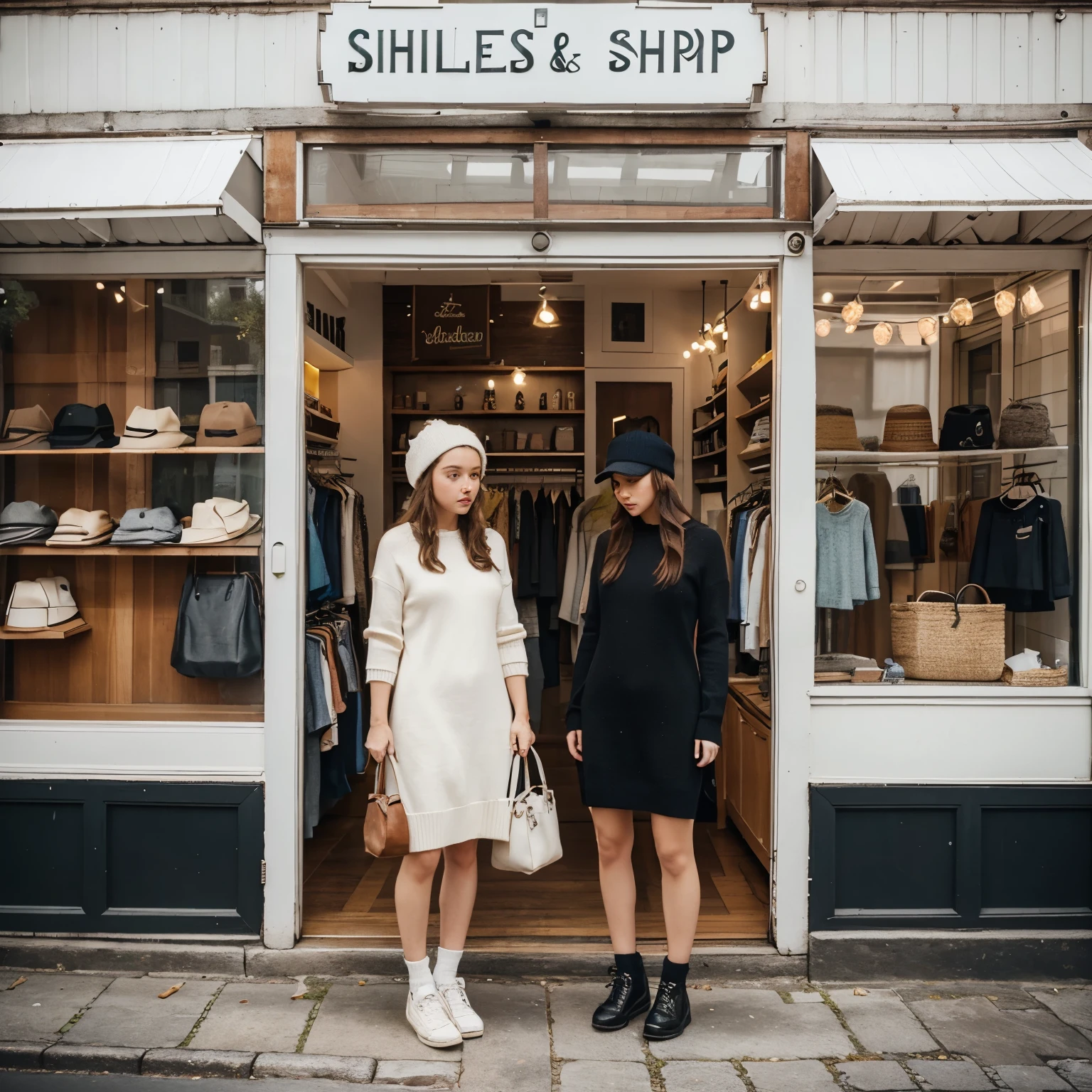 The shops are rectangular. In the shop that sells dresses and knitted clothes, there are hats, props, bags, and various items in the style of the shop in white tones. Virtual image