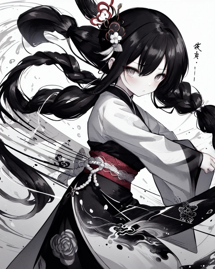 zydink, monochrome, ink sketch, asian (middle age woman), fighting stance, looking at viewer, long hair, floating hair, hanfu, chinese clothes, long sleeves, (abstract ink splash:1.2), white background
