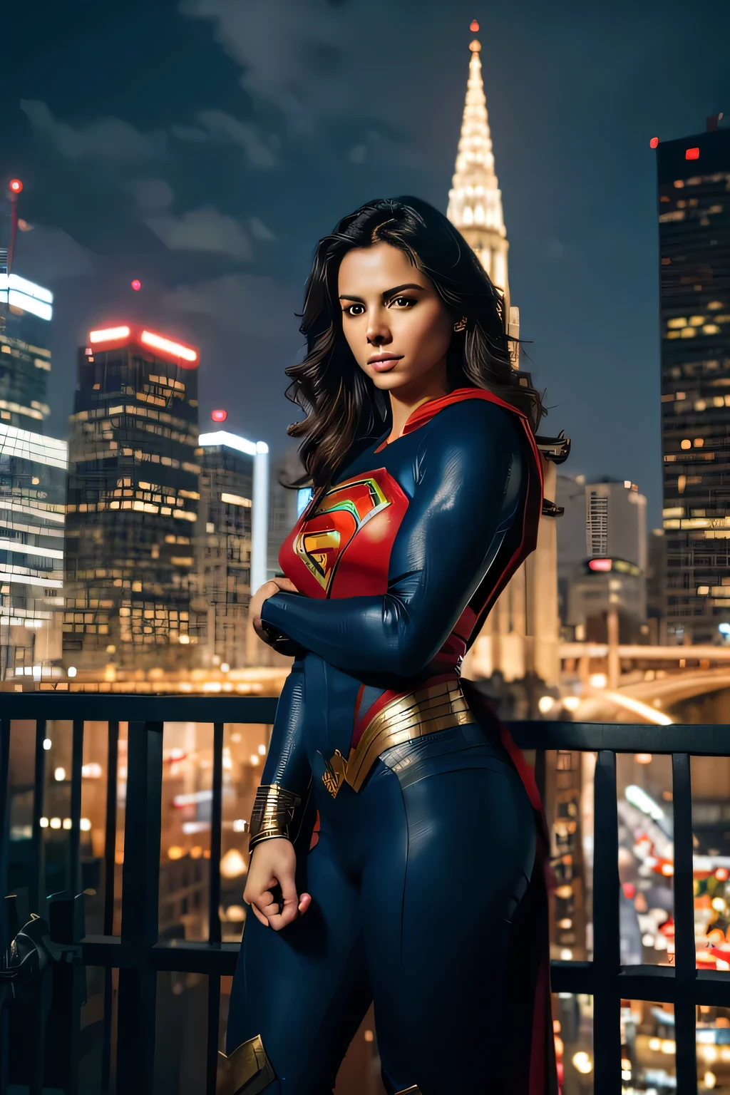 masterpiece, best quality, extremely detailed, hyperrealistic, photorealistic, a beautiful superwoman hold a shield, posing for the camera holding a camera with both hands, taking a photo, city, night