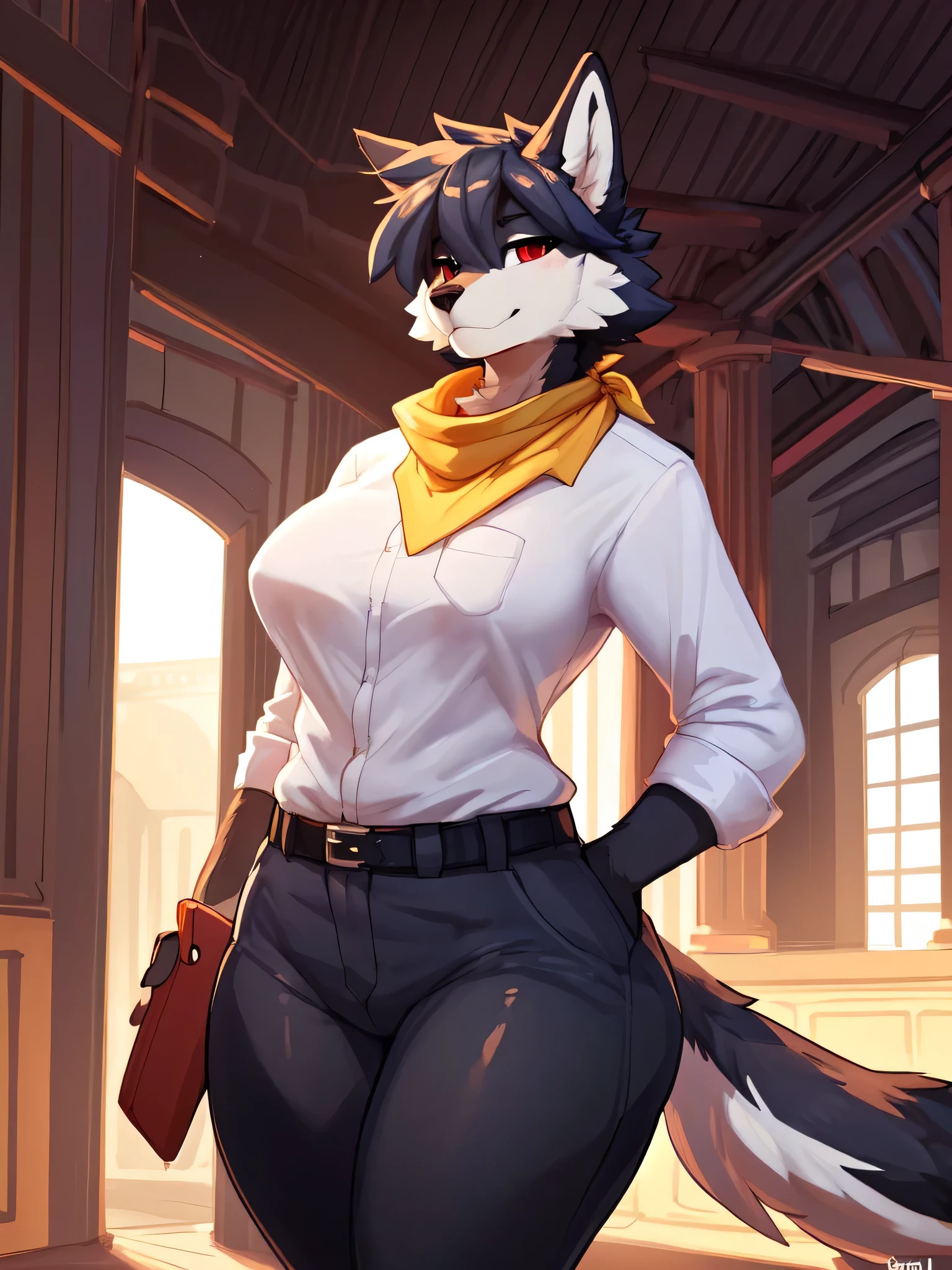 (highly detailed), ((Best Quality)), (ultra-high detailing), (digital art), (official artwork), (ultra-fine detail, no mistakes), uploaded to e621, uploaded to furaffinity, by goonie-san, by bigcozyorca, by bebebebebe, by buta99, by Ross Tran, by ruan jia, by foxovh, by Coffeesoda, by Hioshiru, by fluff-kevlar, by superix, by asaneman, by bebebebebe, by kalnareff, by james howard, by kingcreep105, by rifykoh, by desbjust, by agurana, (extremely detailed eyes), (extremely detailed fur), (hourglass figure, curvaceous figure, muscular figure), (wide hips), (curvy body), (huge thighs), (large breasts), (large butt), (fluffy tail), short hair, two-toned fur, (grey fur), light grey underbelly, wolf, red eyes, (white shirt, long grey pants, wrapped feet, shirt tucked into pants, yellow bandana around neck),