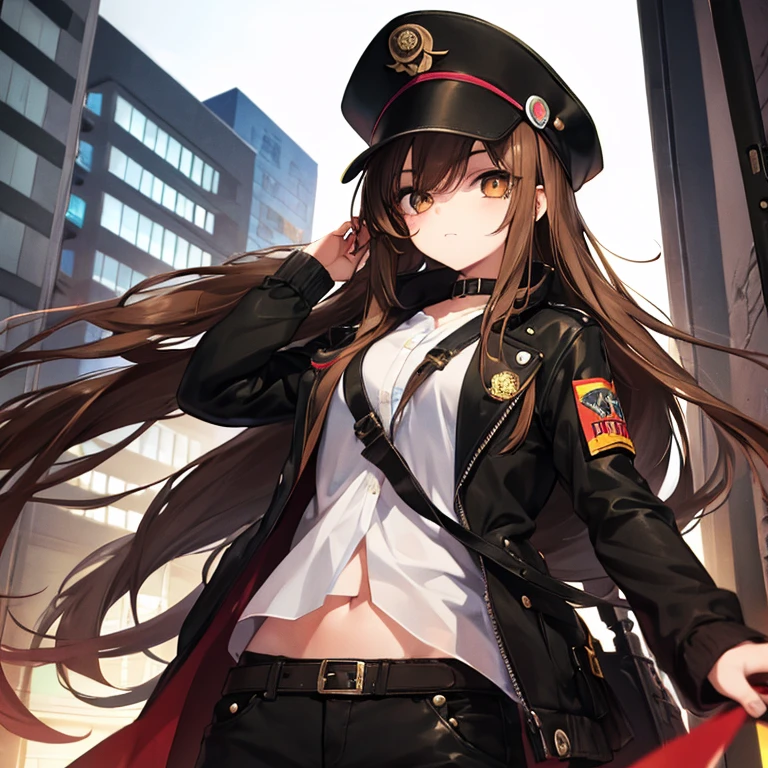 Anime girl, Long brown hair, Brown eyes, patch on right eye, mafia, with a pistol, in black, 15 years