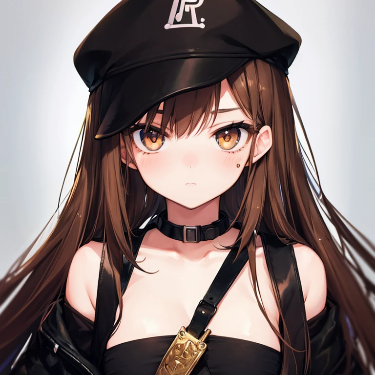 Anime girl, Long brown hair, Brown eyes, patch on right eye, mafia, with a pistol, in black, 