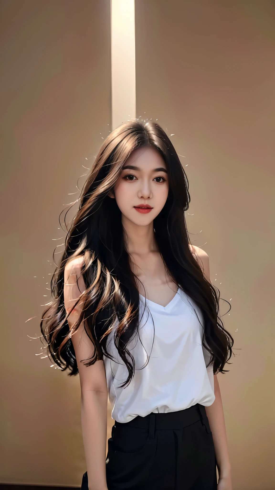 best quality,Masterpiece,Ultra high resolution,(real:1.4),original photo,ultra high definition，8ก，perfect girl，in the dark，High image quality，black hair，His long hair falls over his shoulders.，beach wave hairstyle，Moist red lips，มนุษย์ที่real，CG rendering