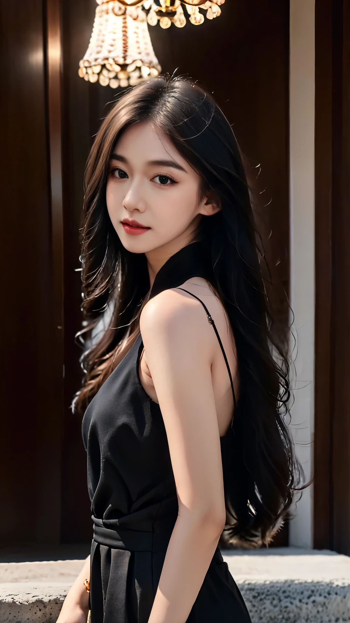 best quality,Masterpiece,Ultra high resolution,(real:1.4),original photo,ultra high definition,8ก,perfect girl,in the dark,High image quality,black hair,His long hair falls over his shoulders.,beach wave hairstyle,Moist red lips,มนุษย์ที่real,CG rendering