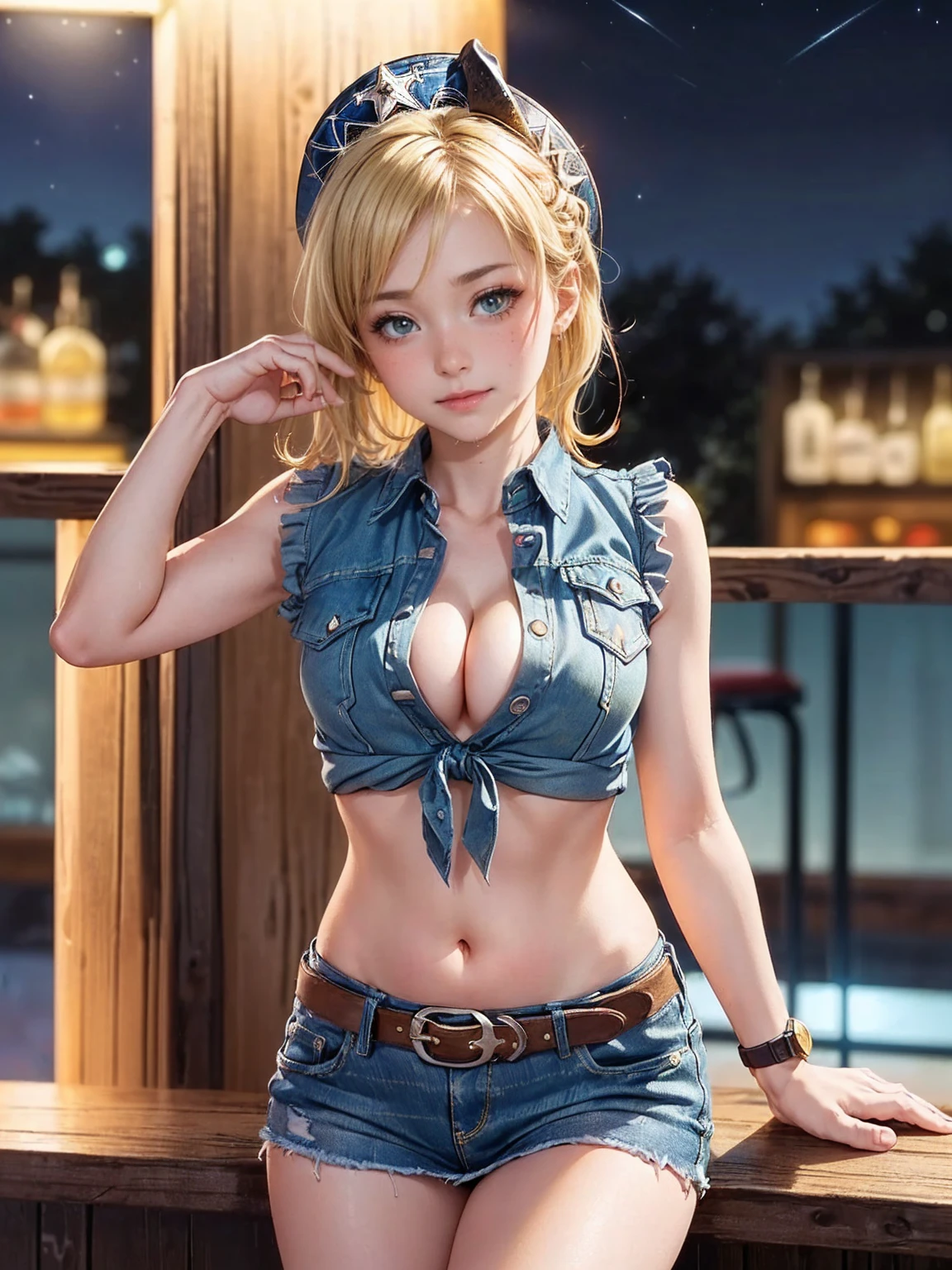 (((1 person:2.0))),(((Cowgirl Costume))),(((Slim body 1.5))),(((Small Ass))),(((Denim mini skirt))),(((Wear a western hat))),(((Wear one belt))),(((He is wearing a sleeveless collared shirt, Plaid, front tie shirt.))),(((Wearing an accurate watch))),(((Sandals))),(((Showing cleavage))),(((Showing your belly button))),(((Exposing thighs))),(((Small breasts:1.5))),(((Bare arms))),(((Her hair is blonde))),, Beautiful detailed girl, Very detailed目と顔, 緻密でBeautiful Eyes, Very detailed, High resolution, highest quality, masterpiece, Very detailed, 8k wallpaper, wonderful, finely, highest quality, The light shines on your face,(((Night Bar:1.5))),((Dark indoors)),Beautiful Eyes,(((Blushed face:1.5))),(((Cowboy Shot:1.5))),(((Open your mouth:0.9)),(((Drunk hiccups:1.5)))