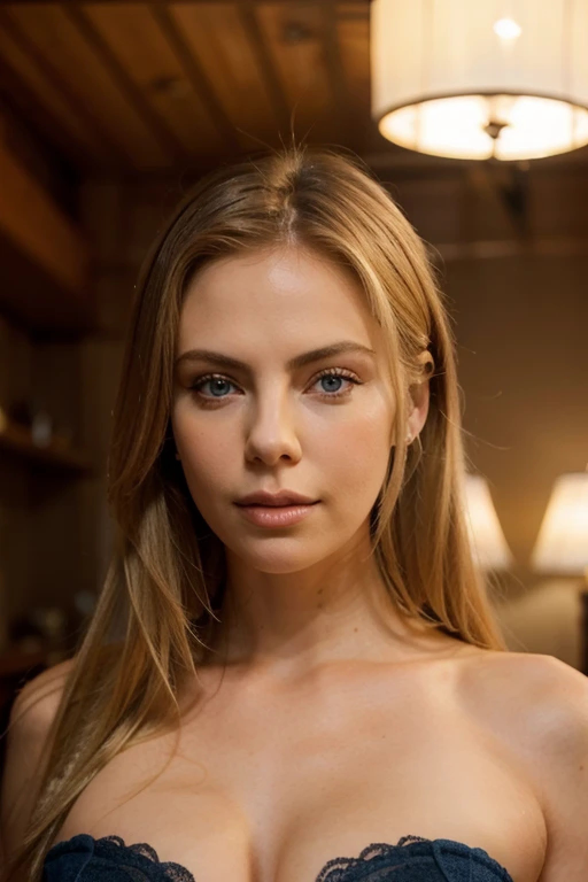 Create a high-definition close-up of a stunning blonde girl with straight hair, resembling a twenty-year-old Charlize Theron. She has captivating blue eyes, full lips, and velvety skin. A charming beauty mark is situated beside her mouth. She possesses an athletic build, emphasizing her graceful posture and youthful allure. The image should capture the essence of her striking features with exquisite detail and clarity.