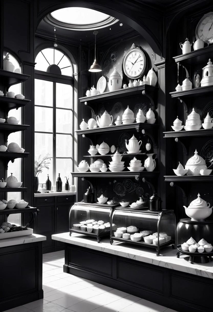 best quality, ultra-detailed, black and white, monochrome, contrasting shades, high contrast ,grayscale, aesthetic, Black and white whimsical bakery, detailed matte painting, deep color, fantastical, intricate detail, splash screen, complementary colors, fantasy concept art, 8k resolution trending on Artstation Unreal Engine 5