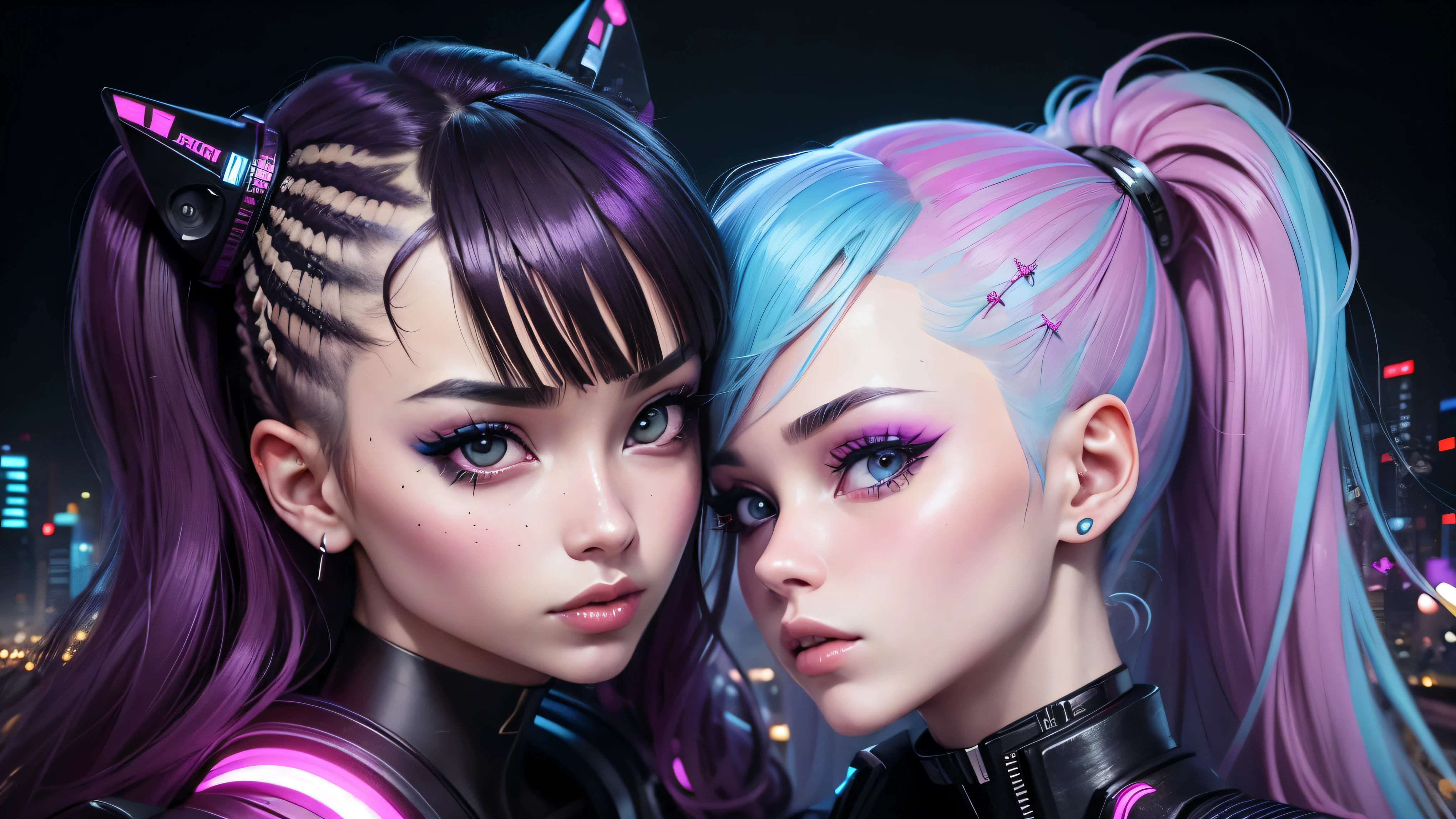 masterpiece, highest quality, 2 ((kiss)) Cyberpunk girls standing together taking selfie portrait, Harajuku style cyberpunk clothes, Bold light colors and patterns, eye-catching accessories, Trendy and innovative hairstyles, Dazzling cyberpunk cityscape, skyscraper, glowing neon sign, led lights, anime illustration, fine skin texture, fine cloth texture, beautiful detailed face, intricate details, Super detailed, cinematic lighting, strong contrast.