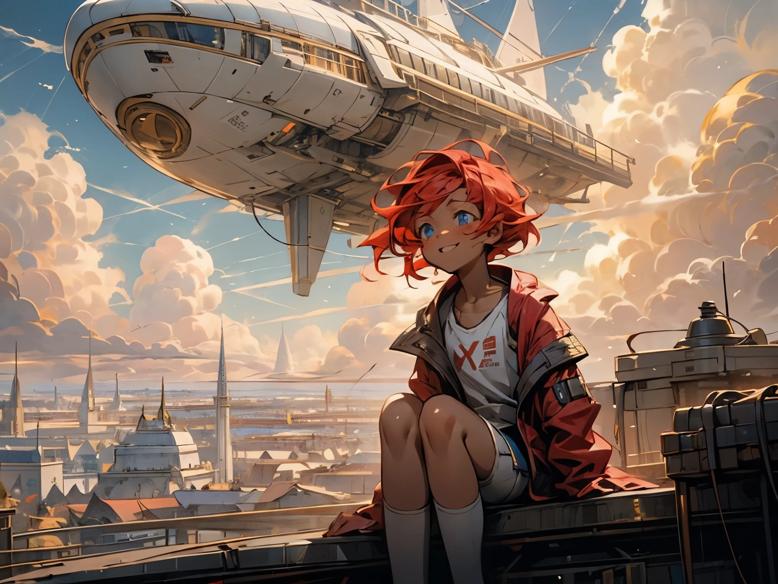 girl１people,Futuristic buildings,A golden airship flying in the sky,Blue sky,Flowing Clouds,sit,Looking up at the sky in the distance,Short Hair,Shortcuts,Red hair color,Blue Eyes,11 years old,boyish,アジアpeople,smile,Primary school students,Sunburned skin,Being thin,freckles,White shorts,White tank top,Red jacket,Low position、