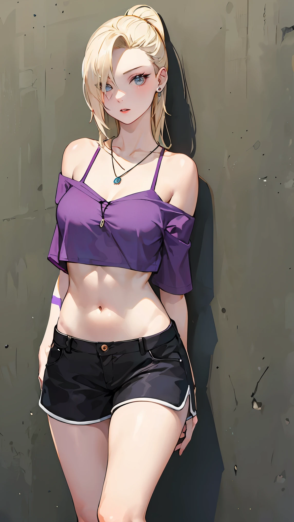 yamanaka ino, purple crop top, sleeveless, shaved armpits, long blonde hair, bangs, masterpiece,
BREAK (off-shoulder shirt, shorts, jewelry, pendant:1.2),
BREAK full bodyesbian，Standing on the ground，Slim，long leges，Stand up straight，nothing background，Slim，extra long leg，A sagging breast,arms behind back,
BREAK ((top quality, 8k, masterpiece: 1.3, ultra hd, high quality, best quality, high definition, realism)), sharp focus: 1.5, Beautiful woman with Slim body, (perfect hands, perfect anatomy),