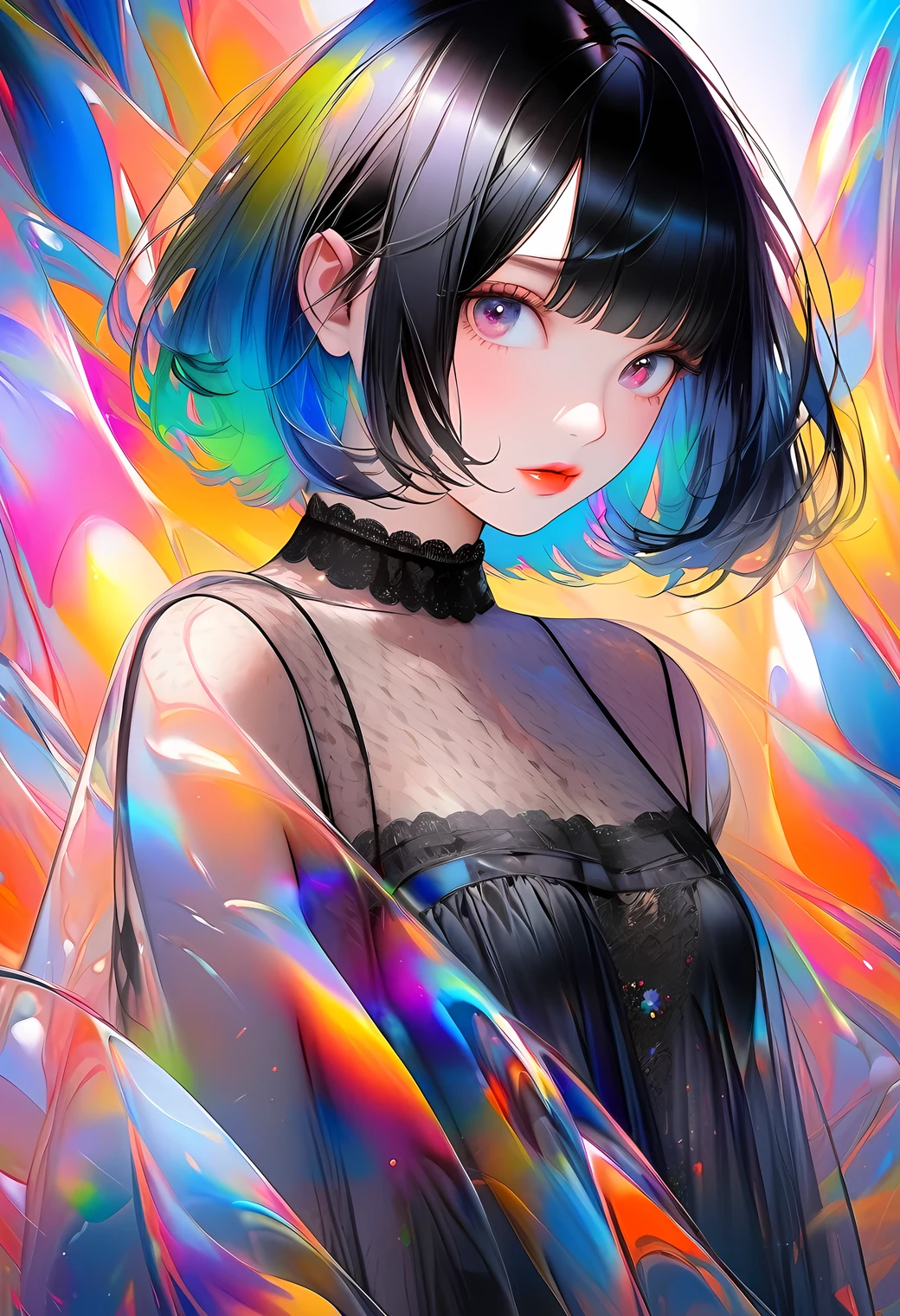 multiple exposure, raw photo:1.2, masterpiece, highest quality, 16k, unbelievably absurd, very detailed, perfect beauty, (oil painting style), (sheer negligee), beautiful cute girl, jet black bob cut, drooping eyes, professional lighting, vibrant colors, illustration portrait,