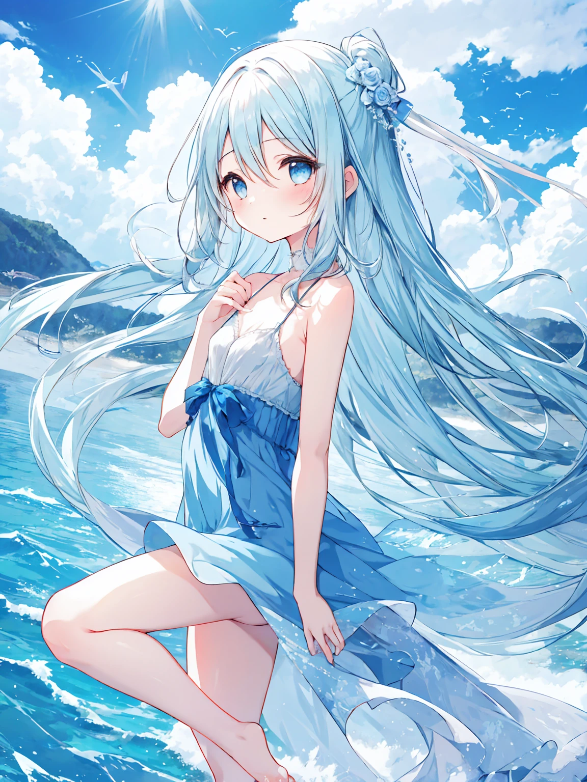 masterpiece, best quality, extremely detailed, (illustration, official art:1.1), 1 girl ,(((( light blue long hair)))), ,(((( light blue long hair)))),light blue hair, ,10 years old, long hair ((blush)) , cute face, big eyes, masterpiece, best quality,(((((a very delicate and beautiful girl))))),Amazing,beautiful detailed eyes,blunt bangs((((little delicate girl)))),tareme(true beautiful:1.2), sense of depth,dynamic angle,,,, affectionate smile, (true beautiful:1.2),,(tiny 1girl model:1.2),)(flat chest)),outdoors, blue sky, ocean, waves, beach, 1girl, solo, long hair, hair between eyes, silver hair, blue eyes, parted lips, bare shoulders barefoot, white dress, dress, sky sleeveless, sleeveless dress, reflection, walking, looking at viewer, from side,best quality, amazing quality, very aesthetic, absurdres,Bokeh,