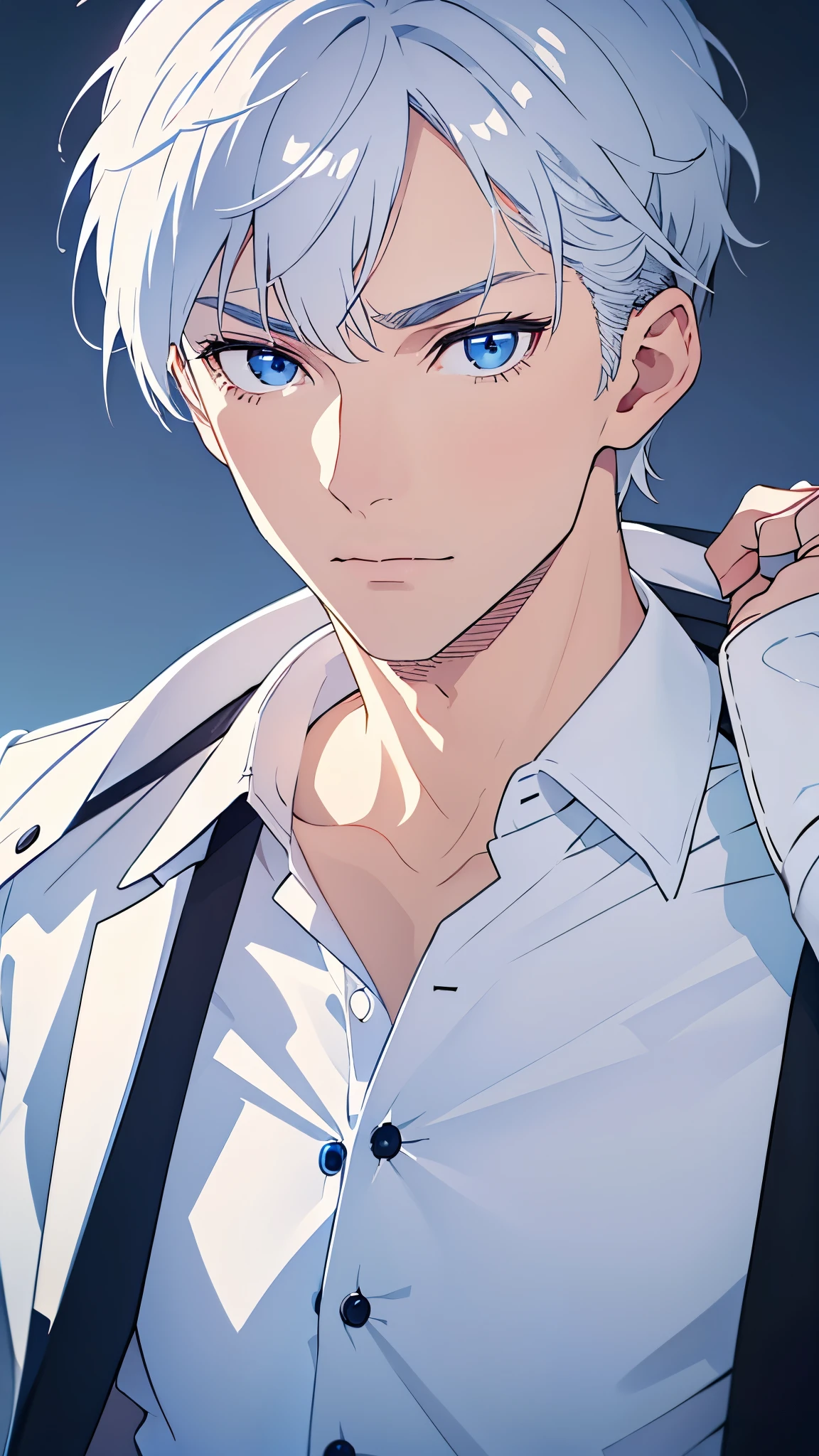 Boy, silver hair, blue eyes, serious sharp features, white skin, handsome, shirt, jacket 