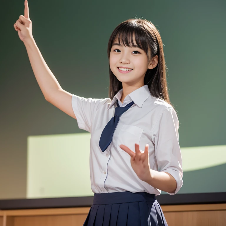 (RAW Photos:1), (Tabletop:1, highest quality:1), (8k Photo), (Photon Mapping:1), (In a high school classroom:1), (Realistic:1.8), (Upper Body:1), (Ultra-fine eyes:1), (1. Japanese high school students:1), (doing a presentation:1.5), (He is speaking:1.6), (presentation:1.5), (pointing:1),(Stand Upright:1.5), (In front of the blackboard:1), (Good posture :1.3), (Natural and modern classroom:1.6), (Simple uniform:1.5), (15 years old), (Round face:1),(We say:0.2), (Bokeh),(Light Smile), Raise your hand, Raise your arms, (Active Pause:1), ( Light background:1.5), Bokeh,