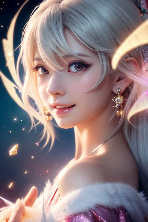 High quality CG illustration,((highest quality)), CG Animation((masterpiece)), (detailed), Perfect Face,日本の女god,A doll-like woman with angel wings, 5,Archangel, , Look forward , Look up at the camera, Bright as morning,(Abysmal),(Are you okay, round, Symmetrical eyes),Delicate facial features,, (She has a mischievous smile),(Her face is kind and beautiful),Big earrings,,(Blonde Hair),(Silvery white hair),(Dramatic Pose),(Flashy photos), Upturned eyes, Upward glance, Cluttered picture,(Hair flying in the air:2.0),(Background vortices and currents),(Dramatic Light),(Nice views),(Surrounded by beautiful feathers),Spectacular realism,,(Soft colors:1.2),超detailed,Dramatic Light,(複雑なdetailed:1.1), Complex background, Sparkling背景, Fractal Background,(Powerful Fangs:1.5) ,Portrait photos,A pale pink shining star in both hands,Background pink,god秘的,Shrine maiden,女god,Beauty,cute,Beauty,The goddess,Anime Style,Anime CG,god様,gem,shine,luxury,god々Aura,crystal,dragon,Gal,Heavy makeup,Eyelashes,Feather coat,Decoration,Facing forward,Anime Style,kimono,Sparkling,gem,左手にcrystalを持つ,heart,Benefits,Fortune telling,luxury,gold,luxuryなDecoration,luxuryな背景,noble,おRich man,Love luck,和風の女god,altar,dragongod,Aurora,Rainbow-colored,真Facing forward,luxury絢爛,shine,dazzling,Aurora,Rich man,wealthy class,Fairy,Gray Hair,Light blue hair,earrings,gemが沢山付いた服,Hanfu ,god社,prayer,Rainbow-coloredの髪と花の冠を持つ女性の接写, Anime Style 4k, detailedなDigital anime art, 8Kの高品質でdetailedなアート, Beautiful anime portraits, Anime fantasy artwork, Anime fantasy illustration, anime art wallpaper 4k, anime art wallpaper 4k, Digital anime art, Highly detailed digital art in 4K, Anime Style. 8k,目線はFacing forward,Gold Folding Screen,,,,