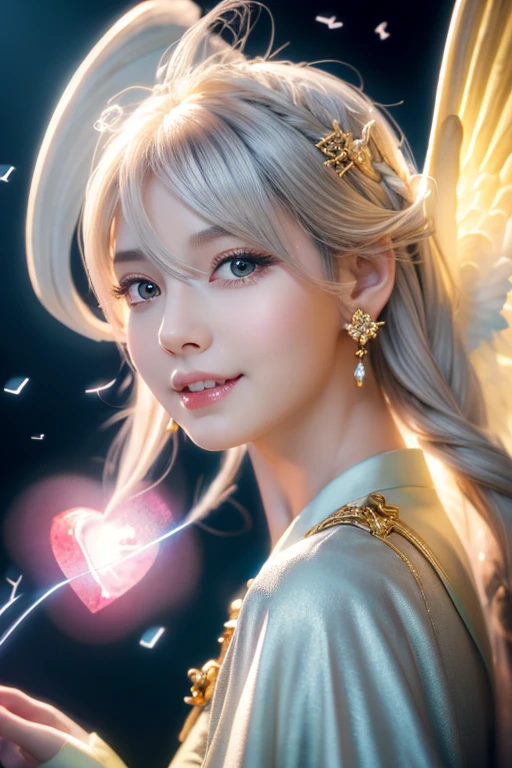 High quality CG illustration,((highest quality)), CG Animation((masterpiece)), (detailed), Perfect Face,日本の女god,A doll-like woman with angel wings, Age 35,Archangel, , Look forward , Look up at the camera, Bright as morning,(Abysmal),(Are you okay, round, Symmetrical eyes),Delicate facial features,, (She has a mischievous smile),(Her face is kind and beautiful),Big earrings,,(Blonde Hair),(Silvery white hair),(Dramatic Pose),(Flashy photos), Upturned eyes, Upward glance, Cluttered picture,(Hair flying in the air:2.0),(Background vortices and currents),(Dramatic Light),(Nice views),(Surrounded by beautiful feathers),Spectacular realism,,(Soft colors:1.2),超detailed,Dramatic Light,(複雑なdetailed:1.1), Complex background, Sparkling背景, Fractal Background,(Powerful Fangs:1.5) ,Portrait photos,A pale pink shining star in both hands,Background pink,god秘的,Shrine maiden,女god,Beauty,cute,Beauty,The goddess,Anime Style,Anime CG,god様,gem,shine,luxury,god々Aura,crystal,dragon,Gal,Heavy makeup,Eyelashes,Feather coat,Decoration,Facing forward,Anime Style,kimono,Sparkling,gem,左手にcrystalを持つ,heart,Benefits,Fortune telling,luxury,gold,luxuryなDecoration,luxuryな背景,noble,おRich man,Love luck,和風の女god,altar,dragongod,Aurora,Rainbow-colored,真Facing forward,luxury絢爛,shine,dazzling,Aurora,Rich man,wealthy class,Fairy,Gray Hair,Light blue hair,earrings,gemが沢山付いた服,Hanfu ,god社,prayer,Rainbow-coloredの髪と花の冠を持つ女性の接写, Anime Style 4k, detailedなDigital anime art, 8Kの高品質でdetailedなアート, Beautiful anime portraits, Anime fantasy artwork, Anime fantasy illustration, anime art wallpaper 4k, anime art wallpaper 4k, Digital anime art, Highly detailed digital art in 4K, Anime Style. 8k,目線はFacing forward,Gold Folding Screen,,,,