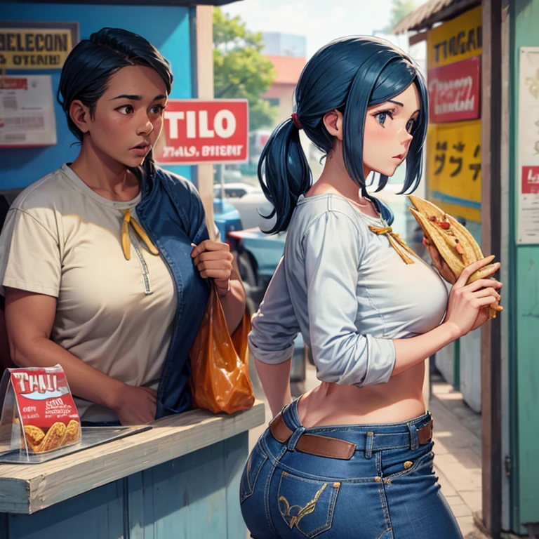 A woman in full-zip shorts eats a tlayuda at a taco stand　Jeans have a belt　　　With side slits　Big Ass　　Upper body naked