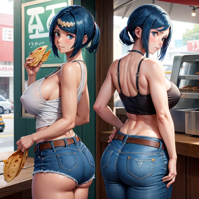 A woman in full-zip shorts eats a tlayuda at a taco stand Jeans have a belt With side slits Big Ass Upper body naked
