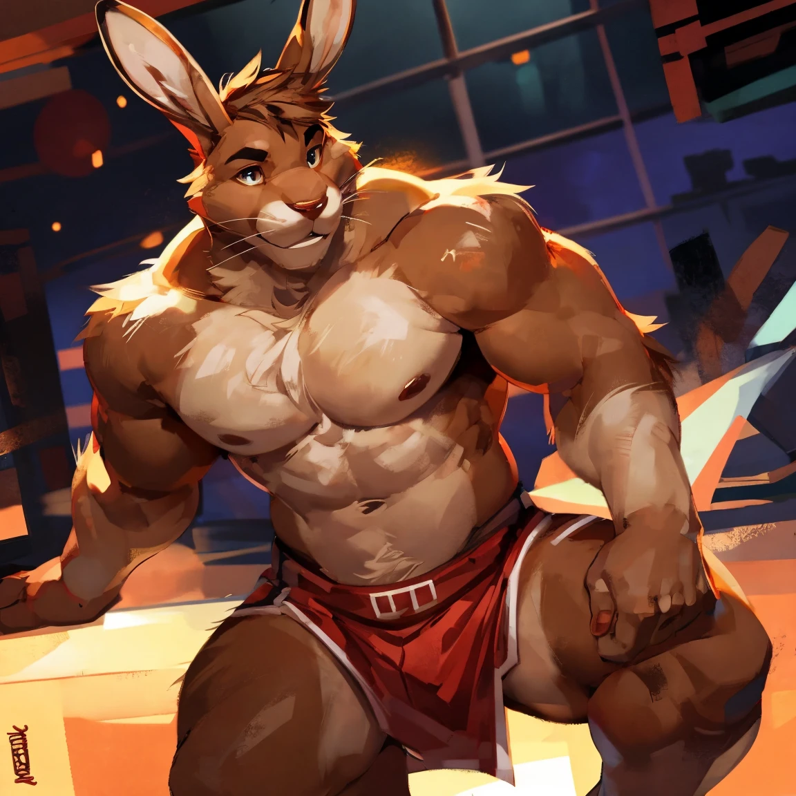 Light brown hare, in one color tone, shirtless, fluffy, By mystikfox61