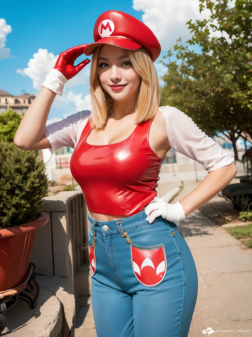 Image quality : 8k, RAW photo, best quality, masterpiece:1.2 Model : one beautiful woman Hair : very short blond hair Wears : classic Mario costume by latex. she is dressed in a red cap with an 'M' logo, a red shirt, blue overalls, white gloves, and brown boots. The chest is boldly open. Face : smile is radiant Pose : playful pose captures the fun and adventurous spirit of the Mario character. Background : vibrant and whimsical Mario-themed world, with green pipes, mushrooms, and a bright blue sky with fluffy clouds.