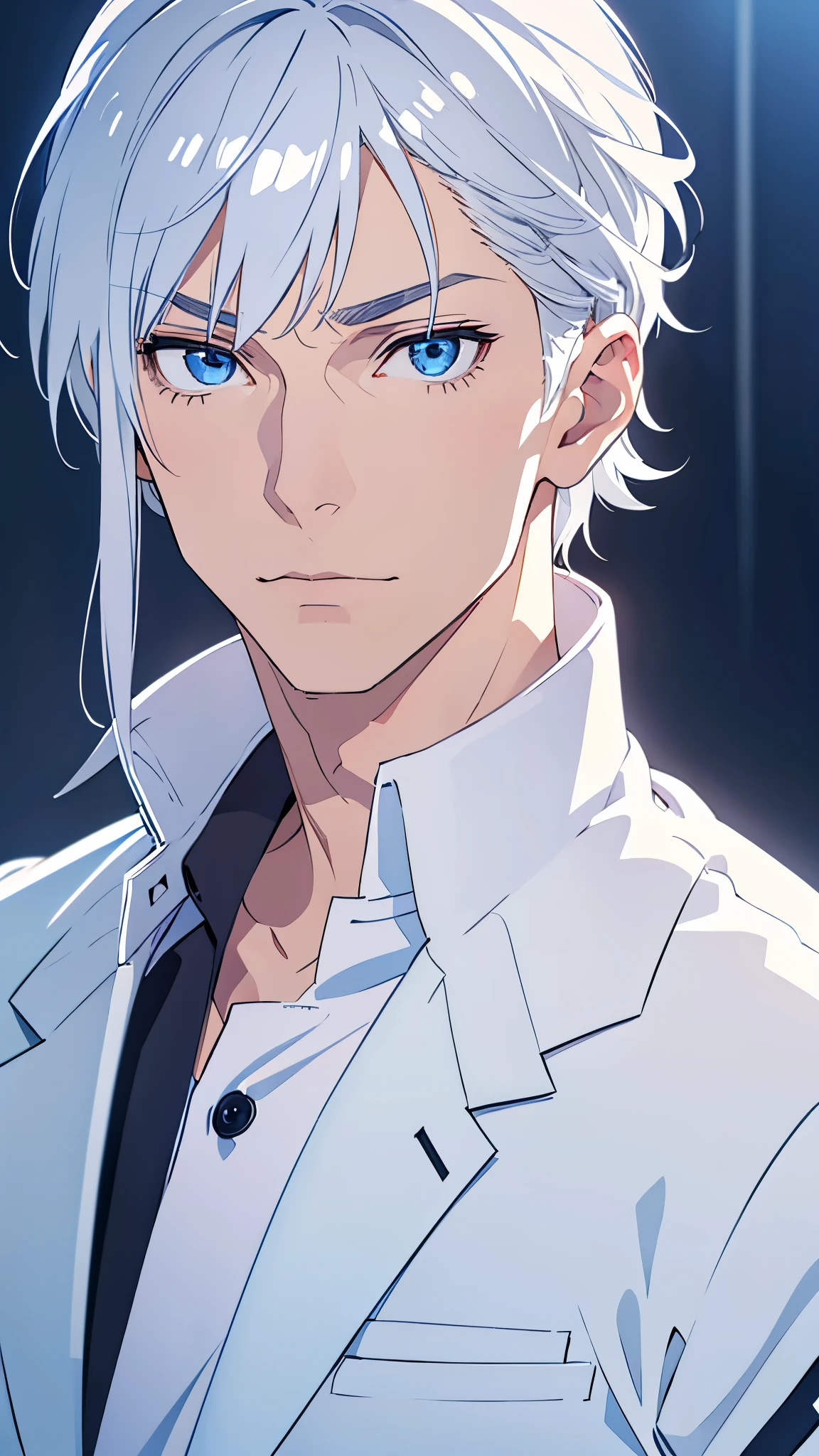 Boy, silver hair, blue eyes, serious sharp features, white skin, handsome, shirt, jacket