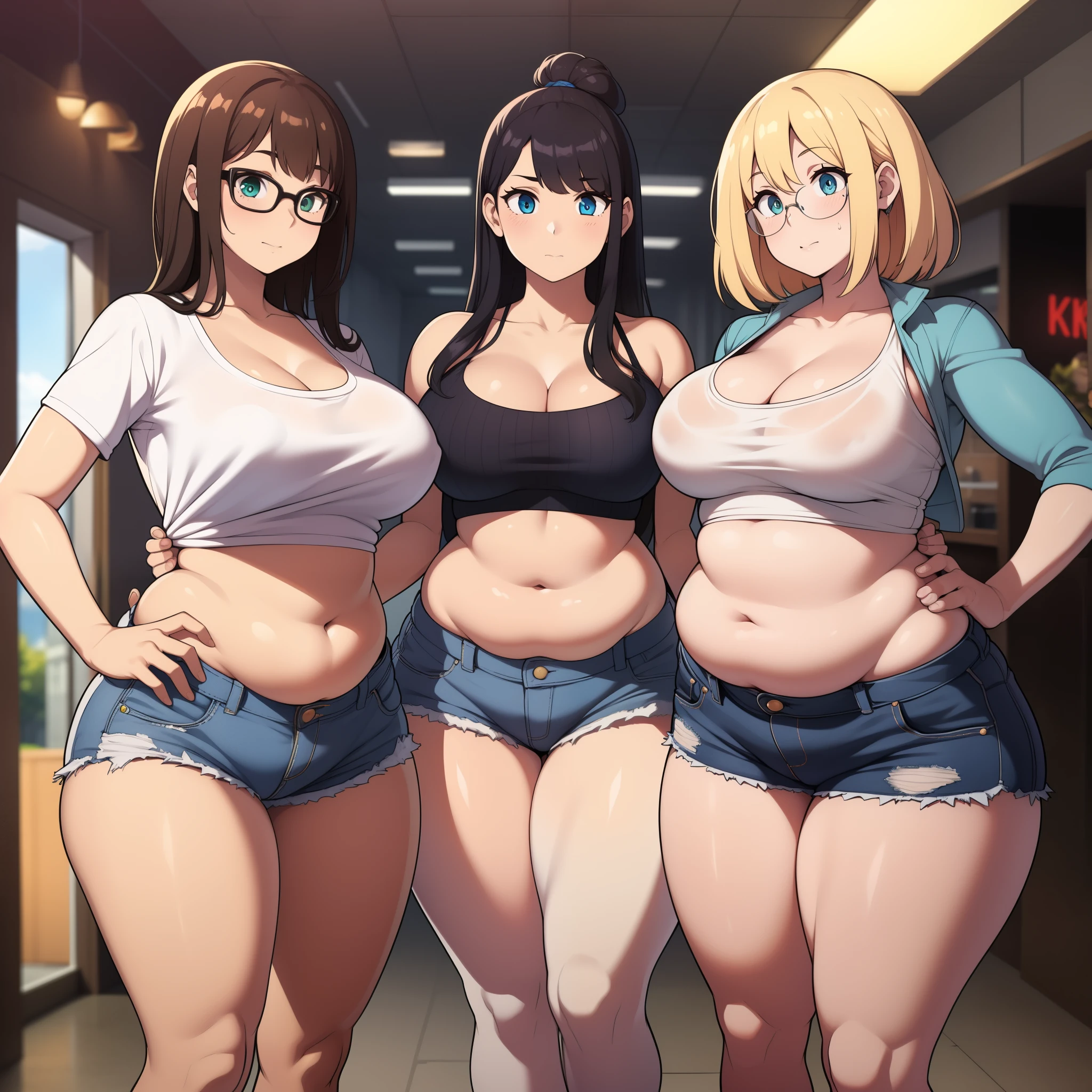 ((highres)), Masterpiece, high quality, best quality, beautiful, perfect lighting, detailed face, ultra cute face, (((3girls))), one girl has blonde hair, blue eyes, crop top and shorts skindentation, one girl has brown hair, green eyes, jeans, white shirt, tight clothes, one girl has, Short black hair, brown eyes, crop top and shorts full body, fast food restaurant, cleavage, medium breasts, ((wide hips)), ((thick thighs)), ((plump)), chubby belly, fat folds, belly hang, standing, touching each other,