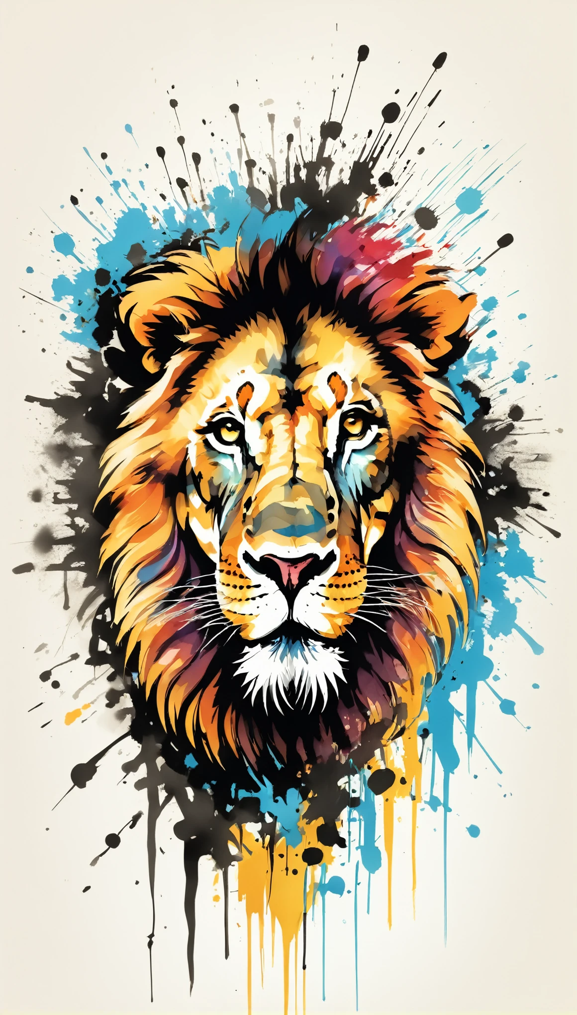 Vector Art, Color illustration with lion, In the center, Vibrant colors，Graffiti Art，ink splatter，Wild and unrestrained，rich and colorful，visual impact,Modern aesthetic super detailed, Intricate details:1.3
