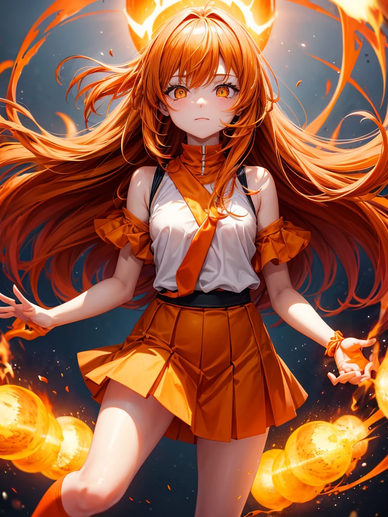 Orange long hair girl yellow eyes wearing orange shoulderless orange skirt orange long socks and have fireballs floating around