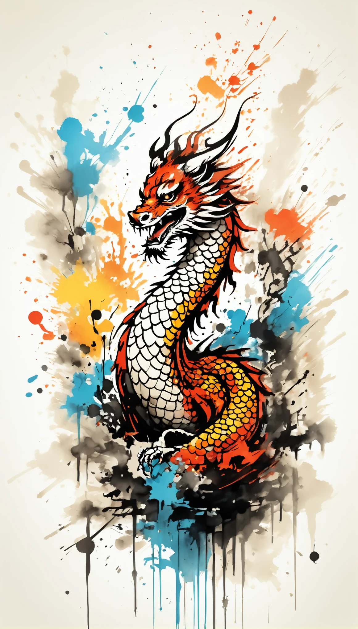 Vector Art, With colorful illustration of Chinese dragon, In the center, Vibrant colors,Graffiti Art,ink splatter,Wild and unrestrained,rich and colorful,visual impact,Modern aesthetic super detailed,