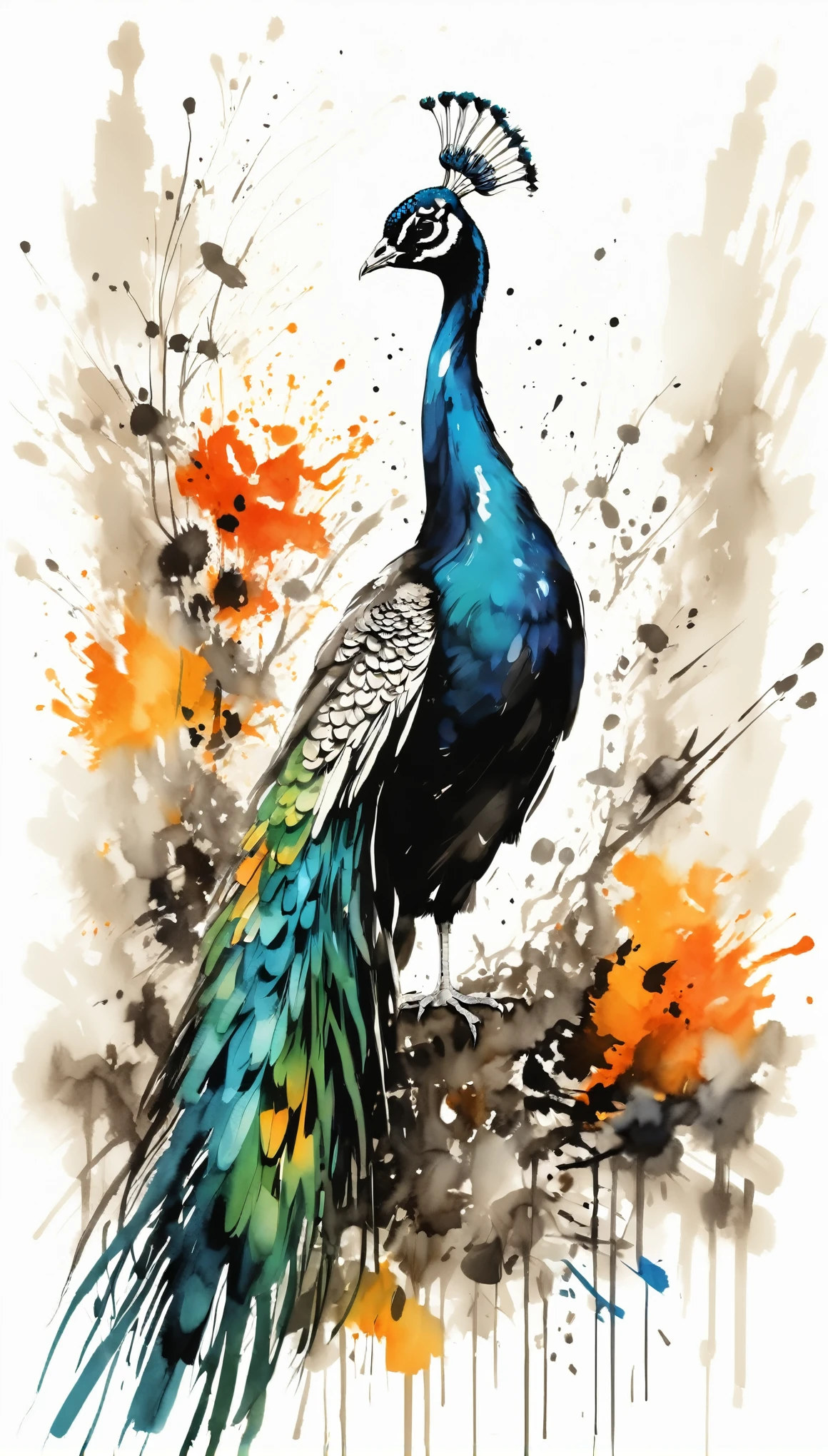 Vector Art, Color illustration with peacock, In the center, Vibrant colors，Graffiti Art，ink splatter，Wild and unrestrained，rich and colorful，visual impact,Modern aesthetic super detailed,
