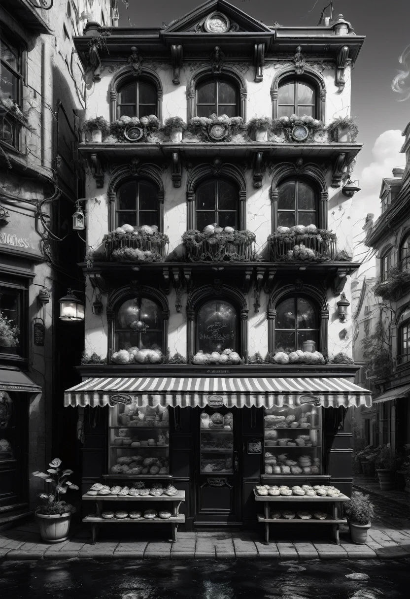 best quality, ultra-detailed, black and white, monochrome, contrasting shades, high contrast ,grayscale, aesthetic, Black and white whimsical bakery, detailed matte painting, deep color, fantastical, intricate detail, splash screen, complementary colors, fantasy concept art, 8k resolution trending on Artstation Unreal Engine 5