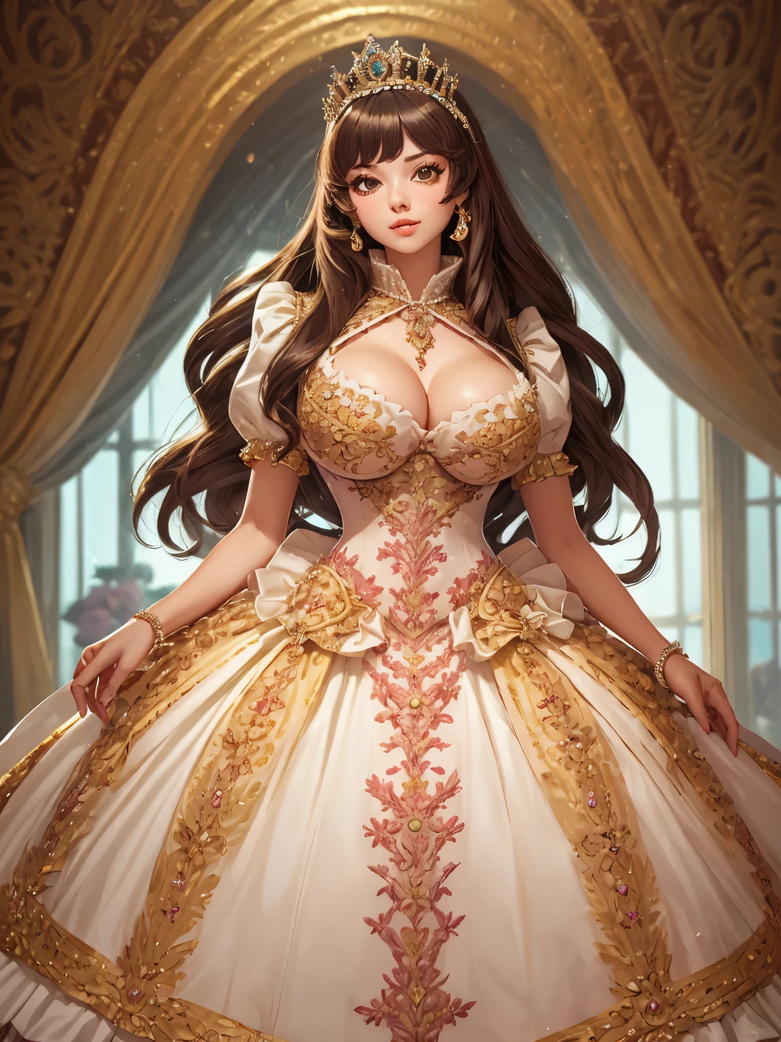 ((moe anime artstyle)),((Masterpiece)),(Best Quality),((Super Detail)),((Very Delicate and Beautiful)),((Solo)),full body,(((full body))),(((1 bling-bling princess in beautiful embroidery and jeweled gorgeous rococo ballgown with voluminous full length crinoline hoop skirt))),((((absurdly gigantic tits,absurdly sagging tits)))),((cleavage)),Skindentation,(detailed face and eyes),jewel-like eyes,((crinoline,long train)),((standing in royal palace)),super detailed voluminous gorgeous rococo ballgown with voluminous full length crinoline hoop skirt,(((bling-bling voluminous gorgeous rococo princess ballgown with beautiful embroidery and jeweled))),((Very Long Straight Hair,large amount of straight hair, absurdly long Straight hair)),extremely gorgeousfull hair ornament,(extremely gorgeous jeweled big tiara),luxurious jewelry,full body,((beautiful embroidery and jeweled gorgeous rococo ballgown with voluminous full length crinoline hoop skirt))