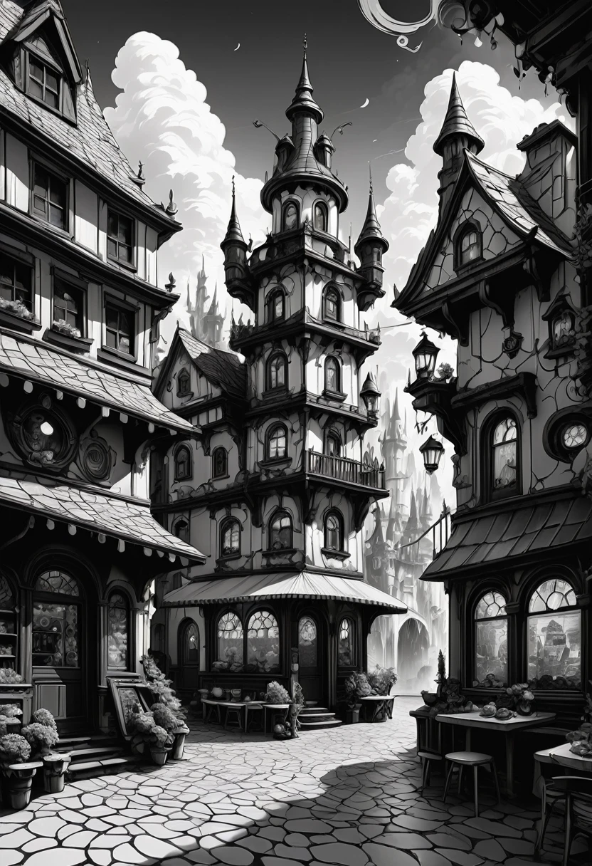 best quality, ultra-detailed, black and white, monochrome, contrasting shades, high contrast ,grayscale, aesthetic, Black and white whimsical bakery, detailed matte painting, deep color, fantastical, intricate detail, splash screen, complementary colors, fantasy concept art, 8k resolution trending on Artstation Unreal Engine 5