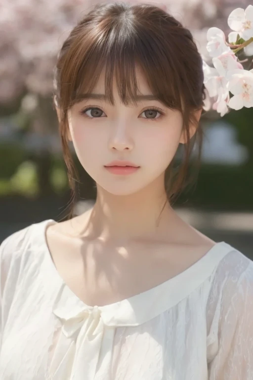 ((8K、Super detailed、highest quality))、(((beautiful girl)))、17 years old、Japanese、cute、bangs、(Depth of written boundary、Ultra-realistic:1.2)、(UHD、Realistic Textured Skin、Anatomically correct:1.3)、(super beautiful、blouse:1.5)、gravure、looking at the camera、Hokkaido、spring
