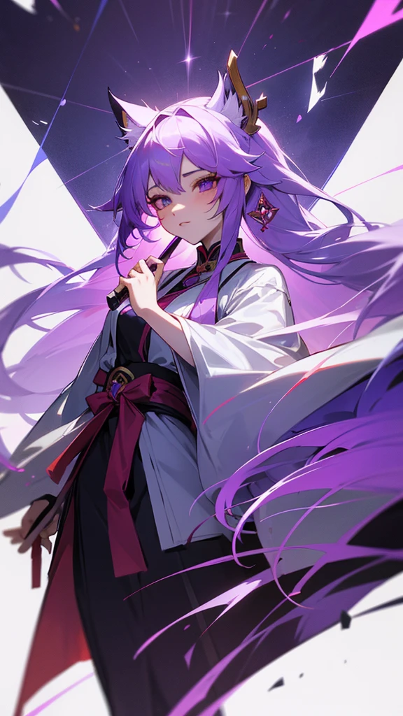 highest quality　Medieval face　woman　I have long hair　Odd Eye　one person　White and purple hair　Miko costume　beautiful girl　Cat ear　Yandere　psychopath