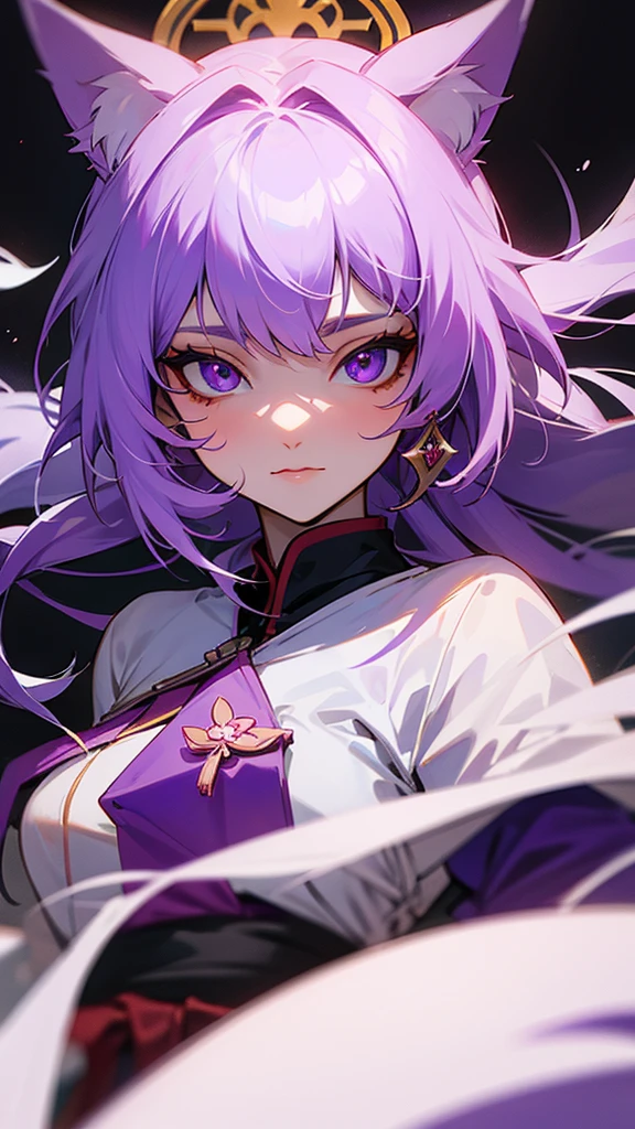 highest quality　Medieval face　woman　I have long hair　Odd Eye　one person　White and purple hair　Miko costume　beautiful girl　Cat ear　Yandere　psychopath