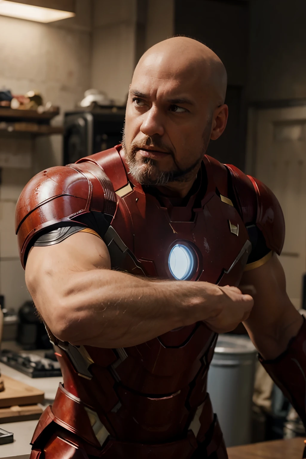 Comics action scene of a 40-year-old bald man with a short beard, wearing Iron-Man armor in the style of Jack Kirby