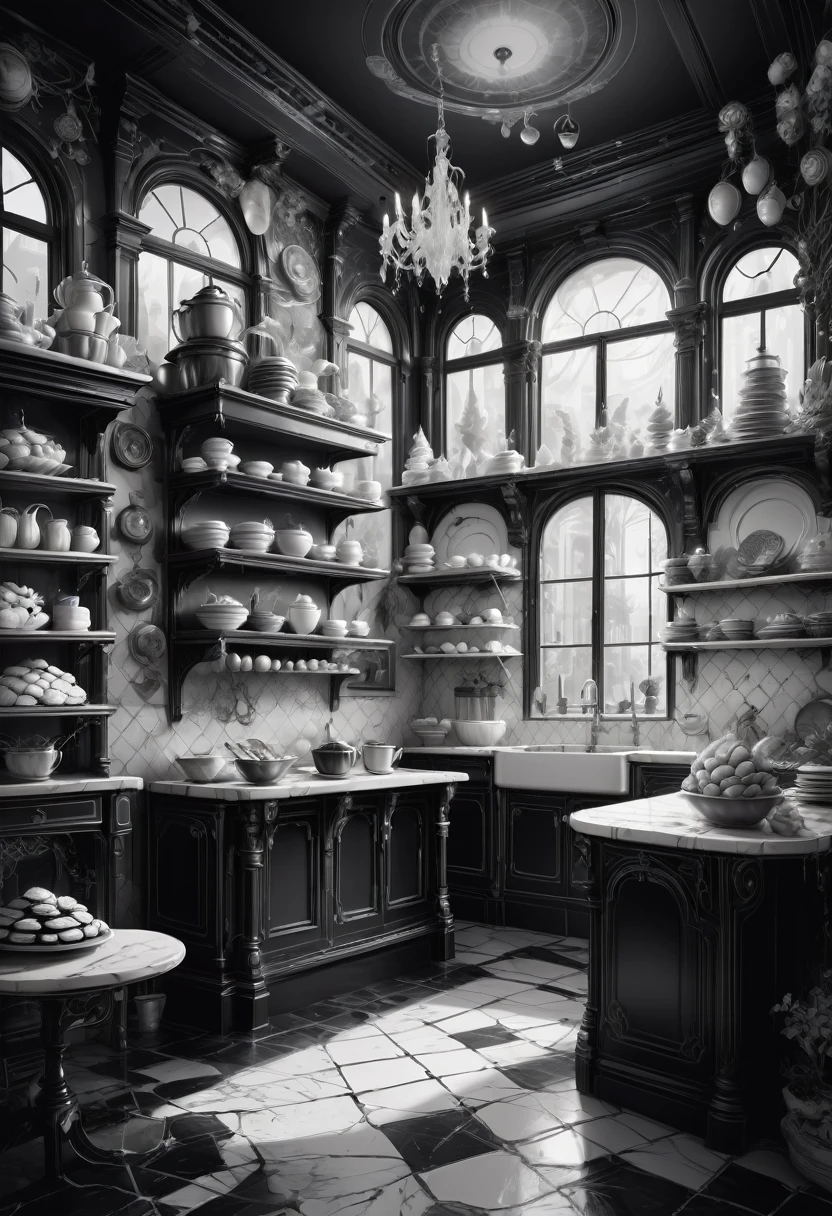 best quality, ultra-detailed, black and white, monochrome, contrasting shades, high contrast ,grayscale, aesthetic, Black and white whimsical bakery, detailed matte painting, deep color, fantastical, intricate detail, splash screen, complementary colors, fantasy concept art, 8k resolution trending on Artstation Unreal Engine 5