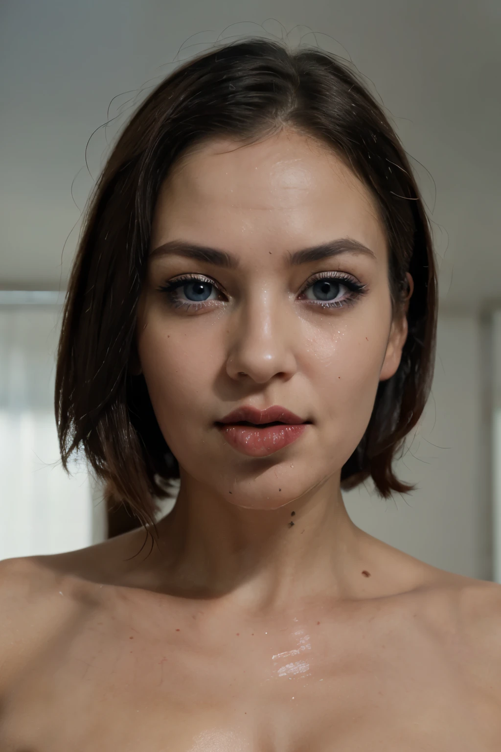 detailed woman face looking at the camera, blue eyes, hot thick red lips, mouth parted with sensuality, correct deformed fingers, photorealistic, sharpened eyes, ((her saliva dripping from her mouth)) 