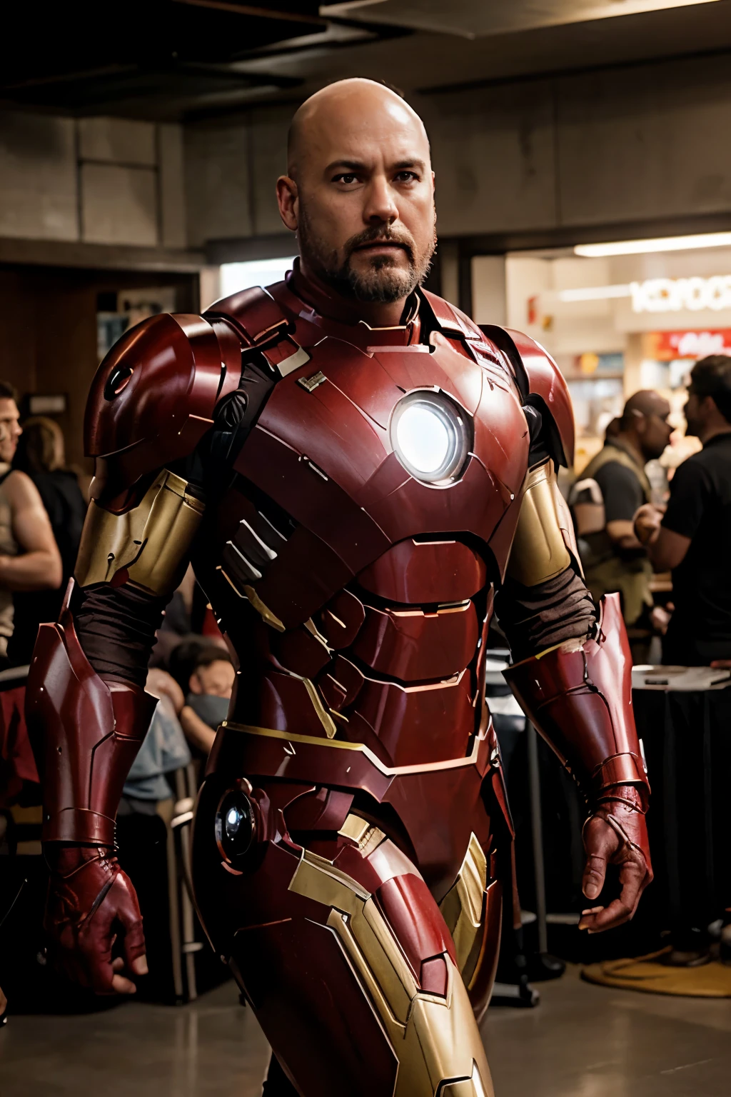 Comics action scene of a 40-year-old bald man with a short beard, wearing Iron-Man armor in the style of Jack Kirby