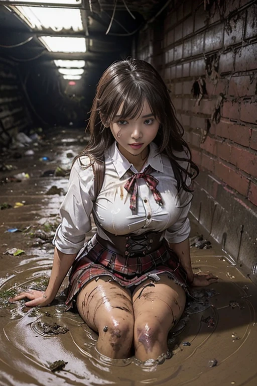 waistband of skirt is at the point above chest , school girl big breast , red knot , red bow , skirt dark red , plaid skirt , pleated skirt , dirty white Shirt , realisitic、top-quality、crisp photos、((Brick underground tunnel、Foul-smelling sewer、Littered with filth、Sewage channels full of feces、a lot of garbage and junk、The dirtiest sewer))、Bricks are covered with moss、((beautiful a girl、Constricted waist、Neat face、Most beautiful face、Elaborate face、dense dirty brown hair、Refreshing look、Pleasant look、Happy expression、Joy covered in filth、Glad to get dirty))、(dirty school girl uniform、Tangier、brawn hair)、Lying face down on filth、Girl with beautiful ass、Scoop out filth with both hands、Beautiful girl's hair is covered in mud、The joy of lying in dirty sewage))、(((I want to smear filth all over my body.、A large amount of sewage flows down the head、The whole body is full of filth、Stick out your buttocks and open your legs、a large amount of dirty garbage and waste,,、Heaps of garbage))