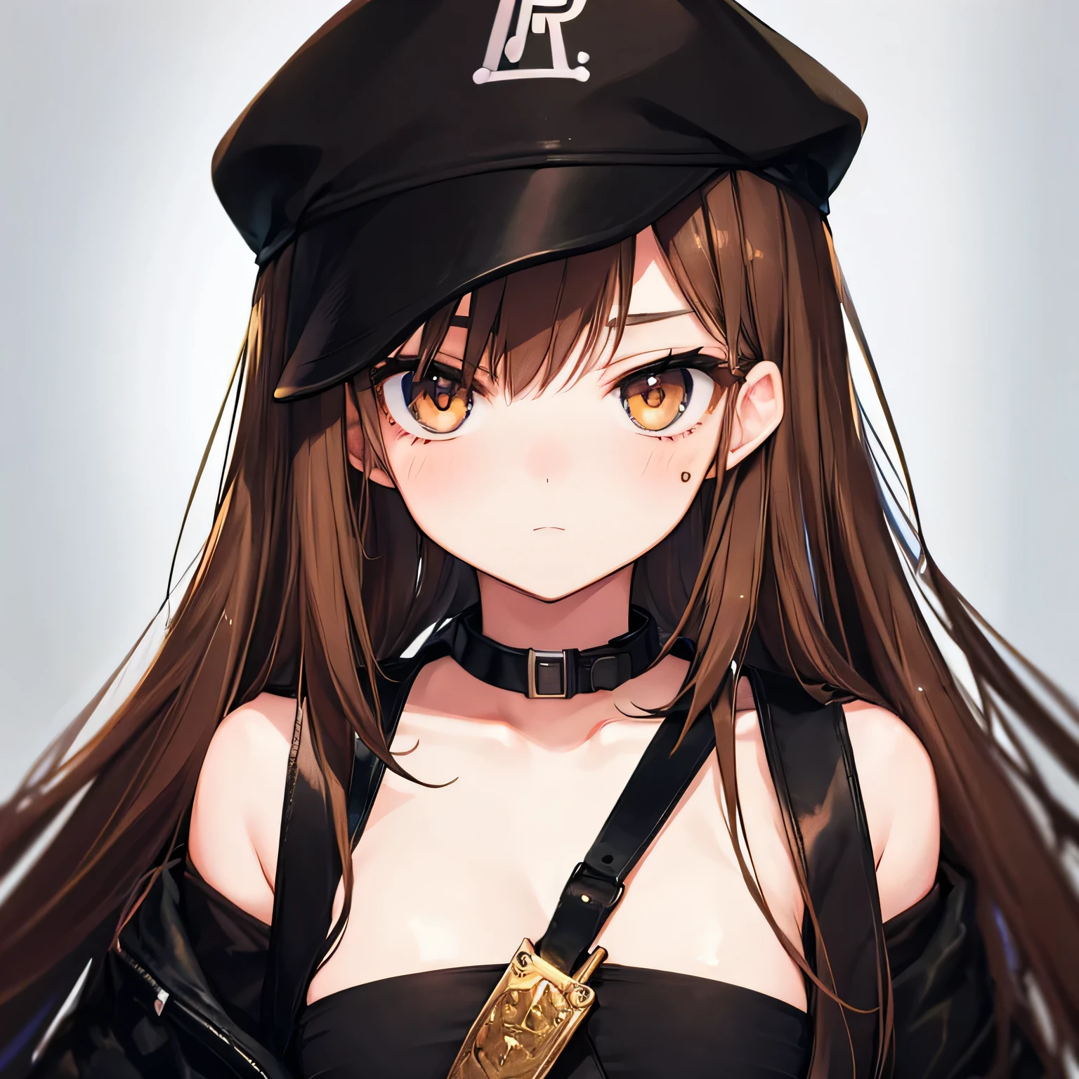 Anime girl, Long brown hair, Brown eyes, patch on right eye, mafia, with a pistol, in black, 15 years