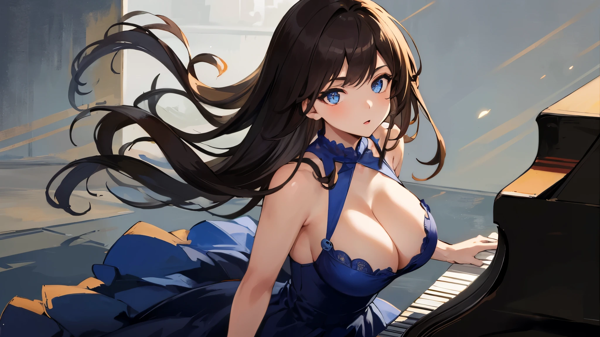 (masterpiece, highest quality, Very detailed, Best Shadow), (Beautifully detailed face), High Contrast,1girl,only,Dark brown hair,Straight Long Hair,Side Tail,Blue, clear eyes,Upper Eye,dress,She has big breasts,whole body,20generation,Playing the piano
