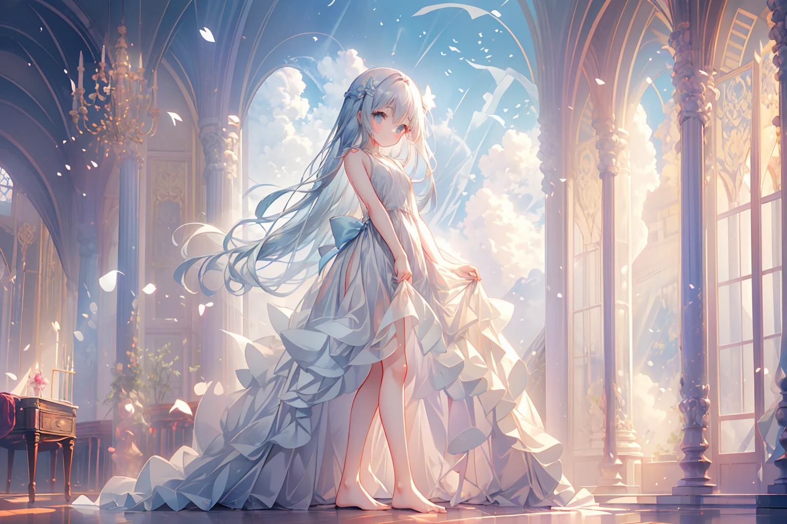 masterpiece, best quality, extremely detailed, (illustration, official art:1.1), 1 girl ,(((( light blue long hair)))), ,(((( light blue long hair)))),light blue hair, ,, long hair ((blush)) , cute face, big eyes, masterpiece, best quality,(((((a very delicate and beautiful girl))))),Amazing,beautiful detailed eyes,blunt bangs((((little delicate girl)))),tareme(true beautiful:1.2), sense of depth,dynamic angle,,,, affectionate smile, (true beautiful:1.2),,(tiny 1girl model:1.2),)(flat chest)),outdoors, blue sky, ocean, waves, beach, 1girl, solo, long hair, hair between eyes, silver hair, blue eyes, parted lips, bare shoulders barefoot, white dress, dress, sky sleeveless, sleeveless dress, reflection, walking, looking at viewer, from side,best quality, amazing quality, very aesthetic, absurdres,Bokeh,