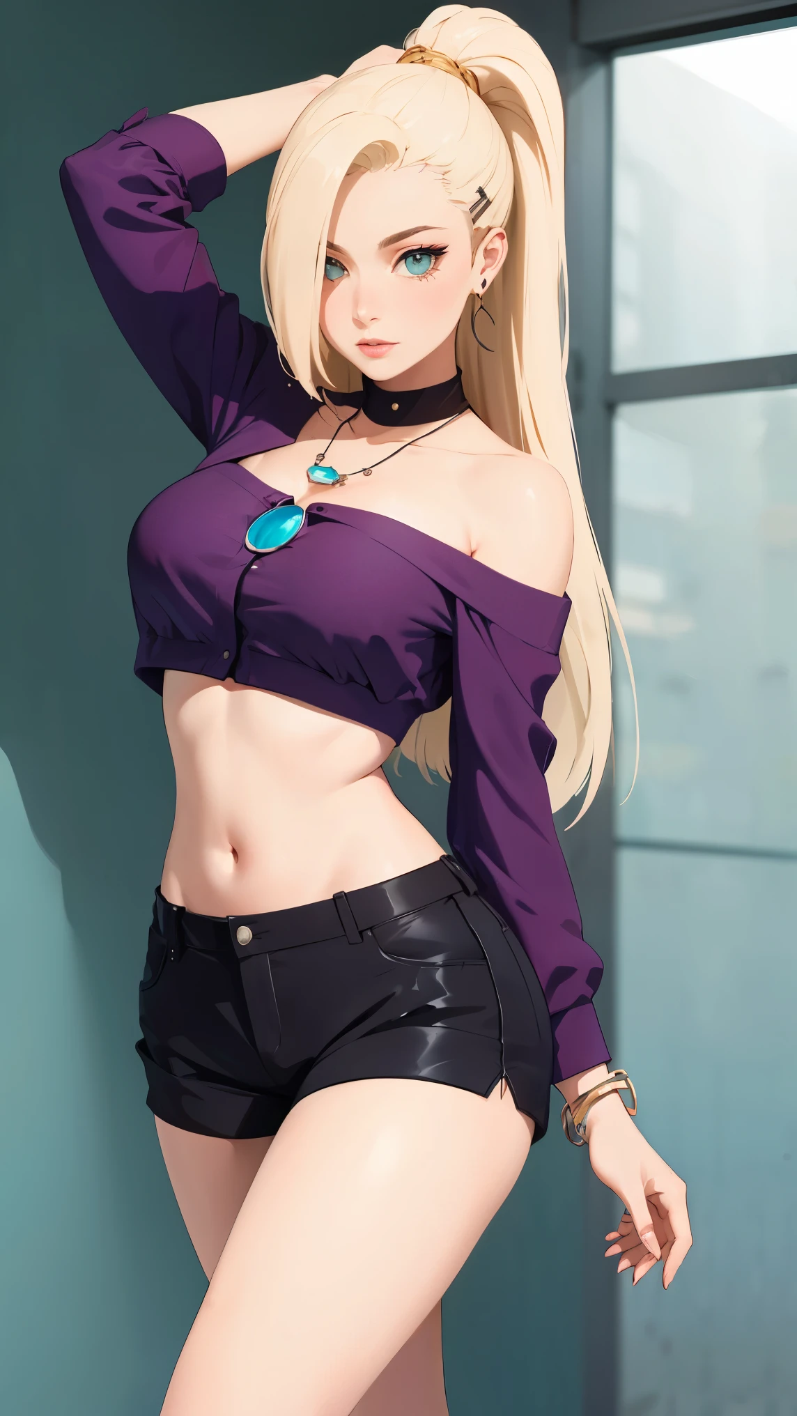 yamanaka ino, purple crop top, sleeveless, shaved armpits, long blonde hair, bangs, masterpiece,
BREAK (off-shoulder shirt, shorts, jewelry, pendant:1.2),
BREAK full bodyesbian，Standing on the ground，Slim，long leges，Stand up straight，nothing background，Slim，extra long leg，A sagging breast,arms behind back,
BREAK ((top quality, 8k, masterpiece: 1.3, ultra hd, high quality, best quality, high definition, realism)), sharp focus: 1.5, Beautiful woman with Slim body, (perfect hands, perfect anatomy),